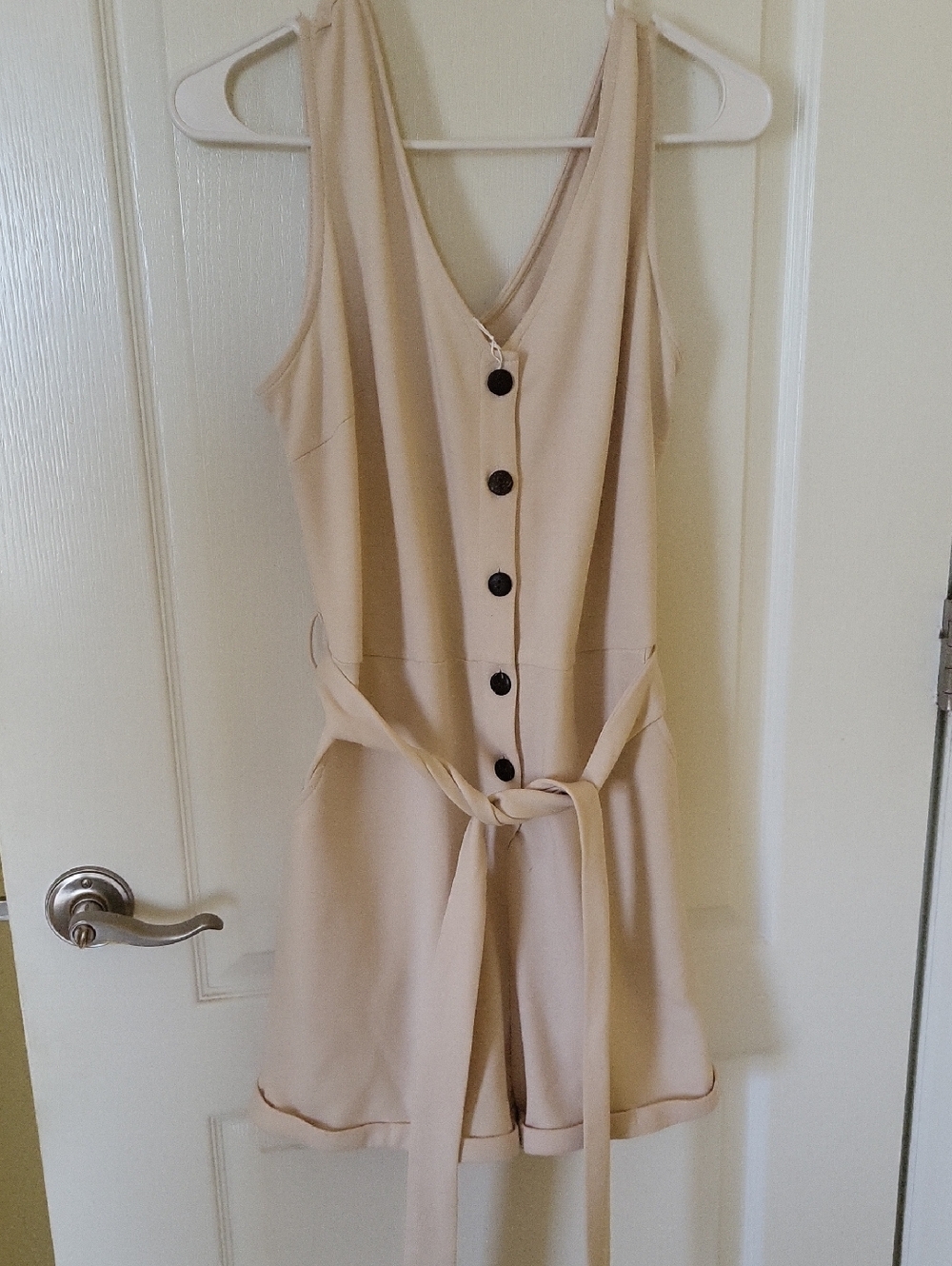 Beige Button-Front Sleeveless Romper with Waist Tie